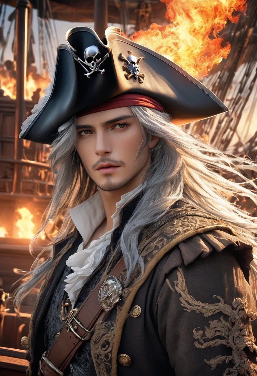 A handsome boy with long silver hair wearing a pirate hat on a pirate ship., Cool handsome、Handsome close-up. Exquisite and intricate pirate costume. Delicate and dynamic. Firelight swirl. Dynamic depiction. Realistic high detail., Best quality background pirate ship smoke fire intense conflict war movie special effects ( Correct and perfect anatomy ) Ultra-detailed animation art and visual effects masters perfectly compose intricately detailed digital art