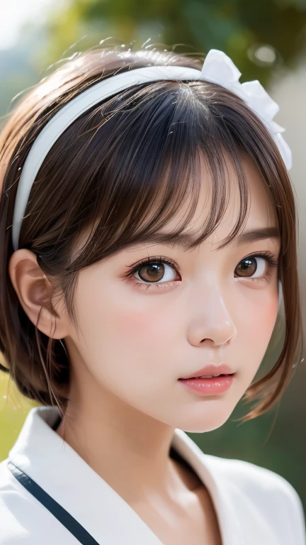 One Girl，(1人のとてもcute女の子:1.3)，masterpiece，Highest quality，High resolution，beautiful girl，(Age 25:1.3)，cute，Big eyes，(Detailed pupil:1.2)，(The face is facing straight ahead:1.3)，Body facing forward，Beautiful Nose，Fuller lips，Short brown hair，Medium Hair，Fine eyelashes，Thin eyebrows，Definition of very fine particles，(Symmetrical eyes:1.3)，(Face close-up，Face Focus:1.0)，White oversized camisole，Student Style，Portraiture，Show Viewer，Cinema Lighting，High resolution，Very detailed、Headband、Open your mouth a little、Selfie、Put your hand on your chin、blush，Embarrassed