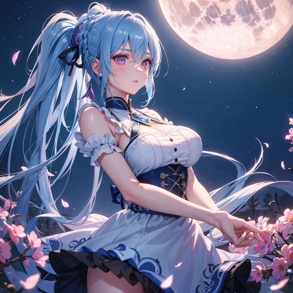 Sky blue hair, (Braided Ponytail), Pink eyes,Fair skin ,(whole body),(One Girl),Tsukimi,(beautiful, Full moon shining in the night sky),(masterpiece, Highest quality, Very detailed, Best Shadow), (Detailed Background), (Beautifully detailed face), High Contrast, (Best lighting, Very delicate and beautiful), ((Cinematic Light)), colorful, Hyper Detail,8k, Dramatic Light, Intricate details,