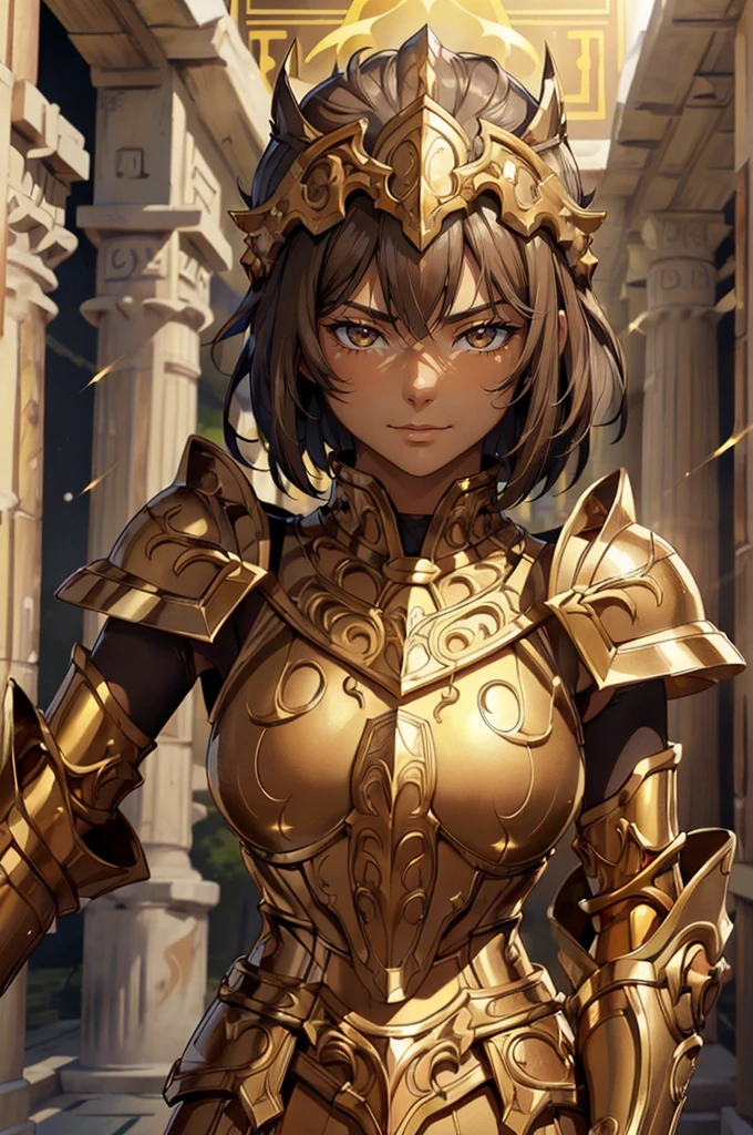 top-quality, 8K, ultra - detailed, (short hair brown hair:1.3), A Japanese lady, Best quality at best, A high resolution, realistic skin textures, armour, (realisticlying: 1.4), A high resolution, RAW photogr, 1 beautiful women, Glossy glossy skin, (skin detailed: 1.4), realistic skin textures, better lighting, cheerful, dramatic lights, (Background of Greek temple walls: 1.3), (nigh sky: 1.1), kosmos, milky ways, (shelmet: 1.2), suntanned skin, (golden breastplate: 1.4), (shelmet), firey, serius face, golden armour, 20yr old, (lightning effects:1.1).