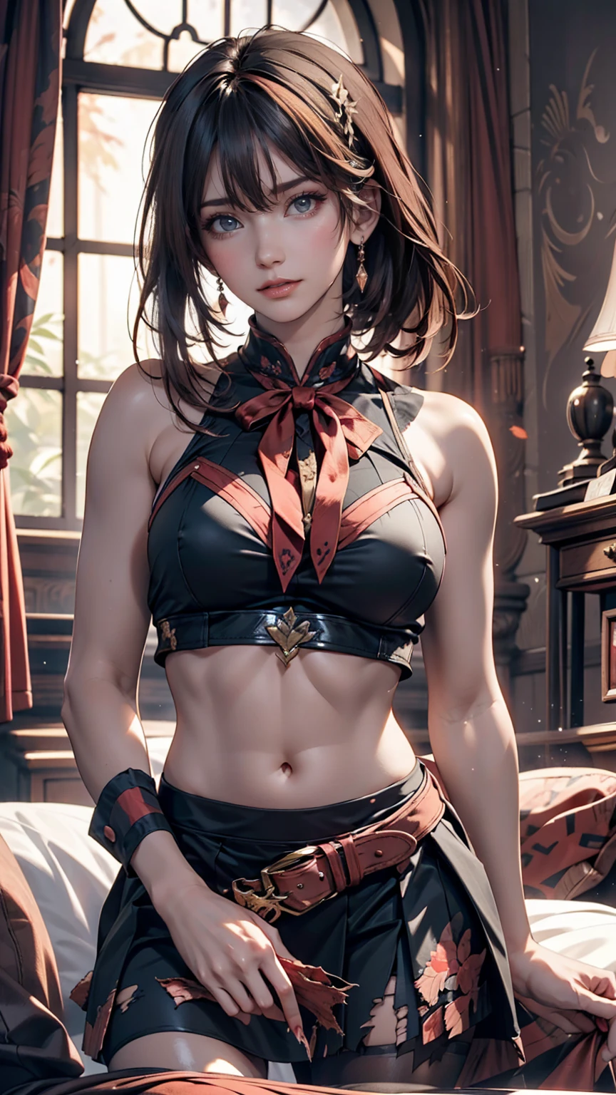 beautiful, masterpiece, Highest quality, Highly detailed face, Perfect lighting,One girl, alone, matoi ryuuko, Seraph of the Black, Black Skirt, Redhead, senketsu, Torn clothes, Underbust