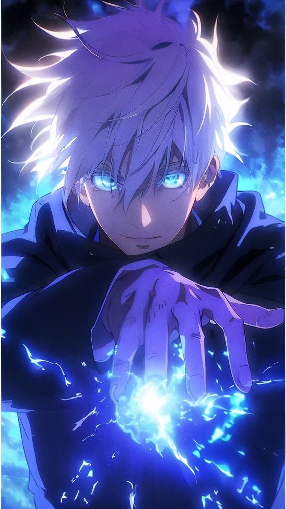 masutepiece, Best Quality, (Anime), (Illustration), (1 man), mature man, japanese anime style, (Modern Japan Men), (Russ Mills Style), (Messy short hair with bangs), (White hair), (White skin), (Bright blue eyes), Handsome, (Black clothes, Smooth T-shirt) Drop a ball of purple light energy with your finger,El Trick Powers, Making Hand Signs, (Chiaroscuro), Fine facial details, Cinematic lighting,  (depth of fields), nffsw, (Upper body) Purple fushia and blue on background.