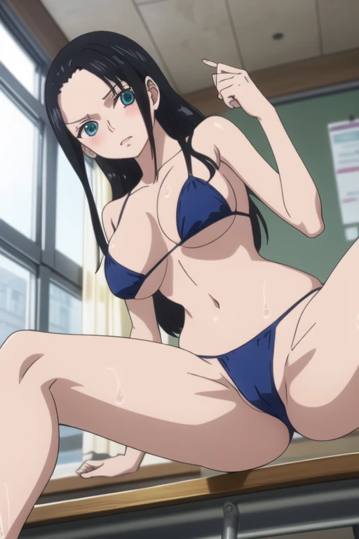 Nico Robin, Slicked back hair, Large Breasts, mature Dark Skin Blue micro bikini Sit on the floor and spread your legs Angle from below blush School classroom Wet body obtain The whole body trembles