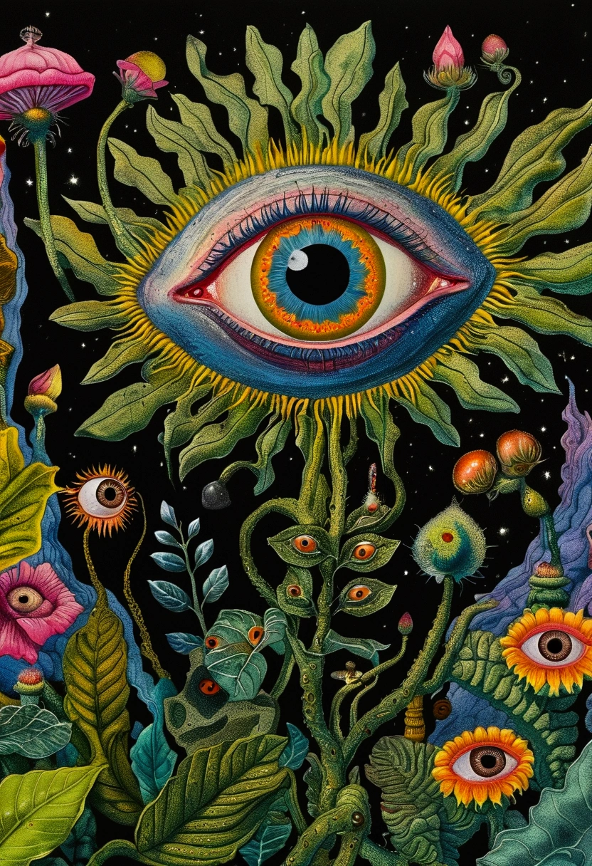 A painting,A flower with big eyes in the painting,Surrounded by plants, Psychedelic surrealist art, The Holy Grail of Brain Tree Eyes, Shaman horror LSD art, Psychedelic illustration, Pop Surrealism, Surreal psychedelic design, Exotic plants and fauna, Exotic plants, Psychedelic Art, Highly detailed surreal art, strange plants, hallucinatory art, DMT art, Psychedelic Artwork