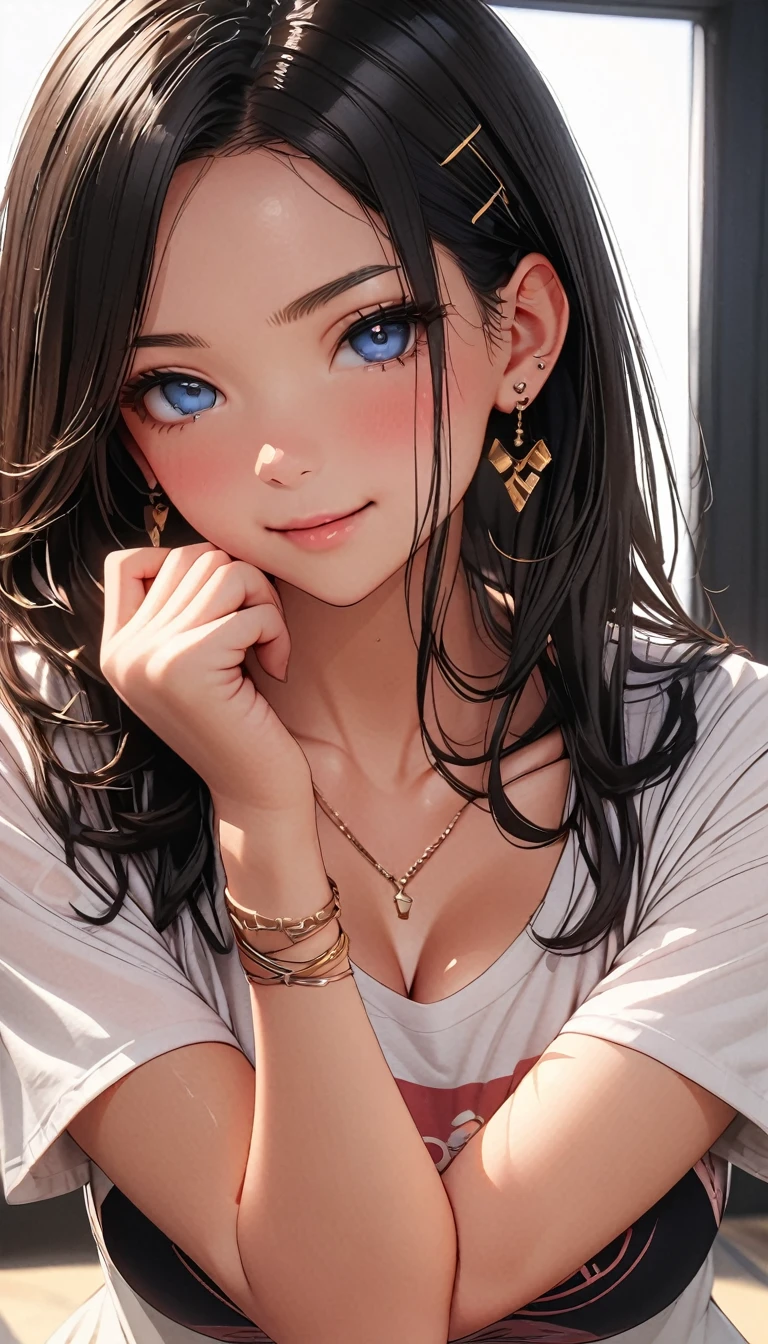 (Highest quality、masterpiece、High resolution、detailed), (Realistic skin texture:1.3), (detailedな目、Beautiful Face), 1 female, Black Hair, Blue Eyes, Delicate face, cute, Love Earrings, She is wearing a low-neck short-sleeved T-shirt and a black bra, Playful, Ultra HD, masterpiece, Highest quality, Super Detail, Accurate, 3D Anime Real,, rtrophto1