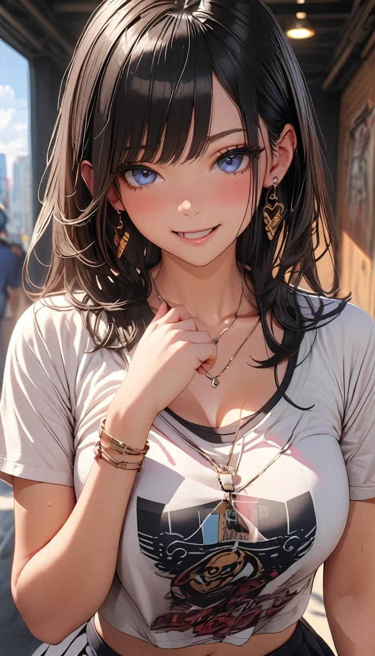 (Highest quality、masterpiece、High resolution、detailed), (Realistic skin texture:1.3), (detailedな目、Beautiful Face), 1 female, Black Hair, Blue Eyes, Delicate face, cute, Love Earrings, She is wearing a low-neck short-sleeved T-shirt and a black bra,  Playful, Ultra HD, masterpiece, Highest quality, Super Detail, Accurate, 3D Anime Real,, rtrophto1