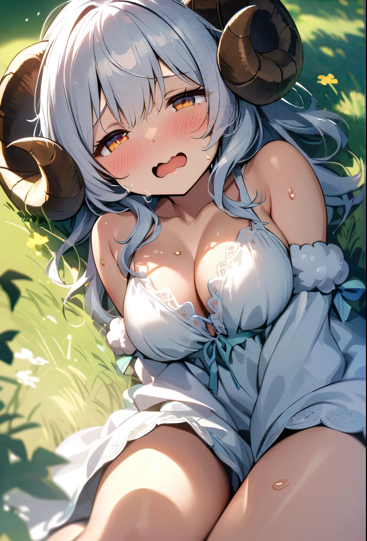 HDR,Dutch angle,all body,1 girl,cherubic sheep girl,white hair,medium breasts,curved sheep horns,delicate freckles,detailed eyes,half-closed eyes,open mouth,disheveled hair,wavy mouth,in heat,soft fluffy white clothes,cleavage,bare shoulders,sweat,lubrication,steaming,shivering effect motion lines,lying,hand between legs, the sun's warm rays,(In the heart of a tranquil meadow),breeze