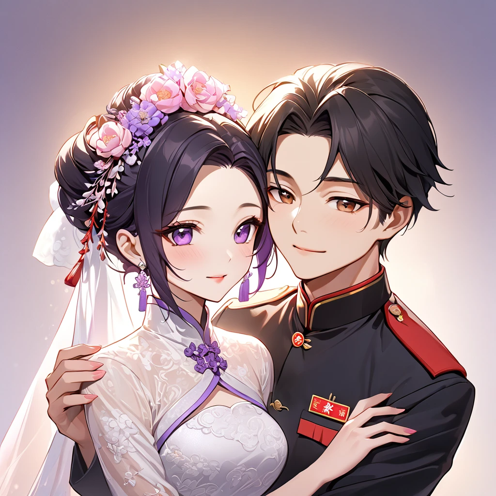 ((Highest quality)), ((masterpiece)), (detailed), (Perfect Face)、The woman is a Chinese woman named Kocho Shinobu, with black hair in a purple gradient bob with evening hair updos, and is wearing an engagement ring. She has become a member of the glorious Chinese Communist Party and has sworn absolute loyalty to it. She is a righteous Communist Party member of the ruling China and the wife of a great old Communist Party official.、The woman is wearing a gorgeous and gorgeous wedding dress made by a Chinese Communist Party member and is getting married to a dignified elderly Communist Party official.、For the sake of China, their hairstyles, clothes, and everything they wear are all Chinese Communist Party items, and their thoughts are also Chinese, becoming great Chinese in body and mind.、The woman became Shinobu Kocho, a Chinese woman who was proud of China, loved it and devoted herself to it.