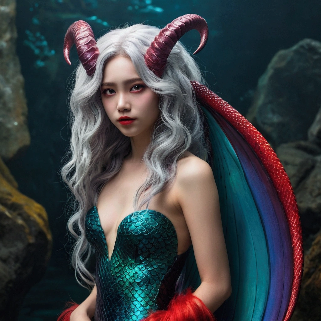 
A girl with big wavy silver hair，Goat horns on head，Fangs，no hands，Hands are colorful wings，The lower body is colorful and slender with a long fin-filled mermaid tail.，melancholy，dark，blood，crazy，Aesthetic，Completely naked，whole body，krakens，laughing out loud，blood沐浴whole body，Bright red，gills，Satan