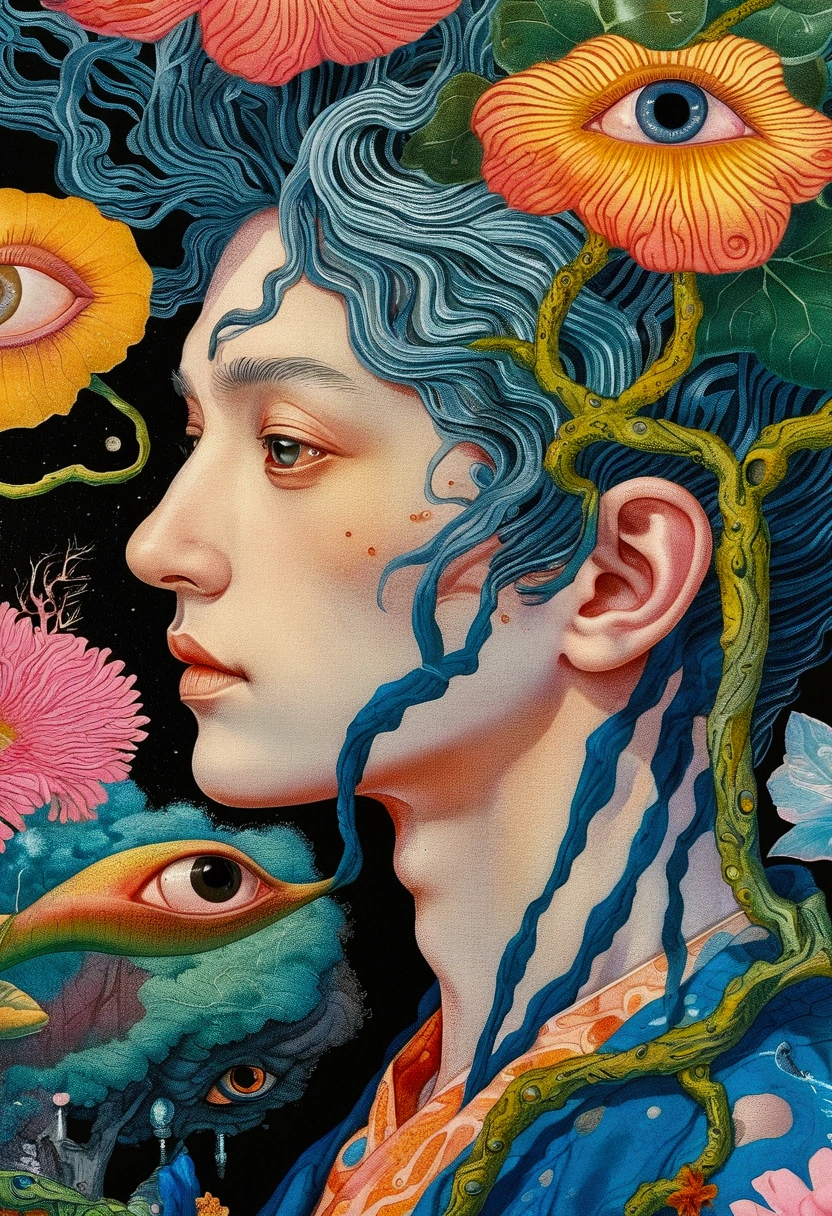 Close up of a poster with a flower and a tree, a 超realismist painting by Justin Gerard, Winner of the Behance competition, Psychedelic Art, beeping sounds and james jean, Psychedelic illustration, 超realism design, psychedelic 超realism art, 超realism + Very detailed, The Holy Grail of Brain Tree Eyes, 超realism psychedelic design, realism | beeping sounds, 4 k surrealism