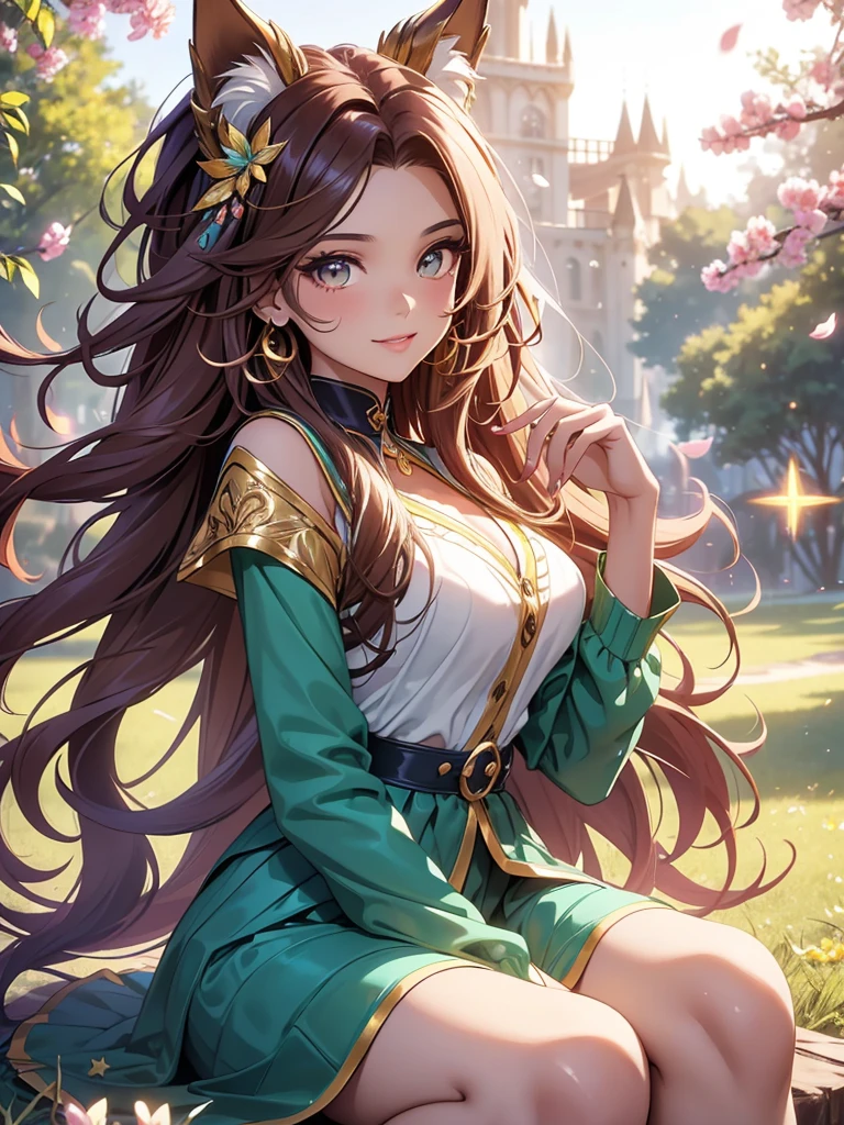 (best quality,4k,8k,highres,masterpiece:1.2),ultra-detailed,(realistic,photorealistic,photo-realistic:1.37),acrylic painting,beautiful Brazilian model in a uniform outfit red and gold with downy hair,beautiful Brazilian model with extremely colorful brown hair and detailed facial features,beautiful Brazilian model standing in a beautiful garden surrounded by a starry sky,brown hair,beautiful Brazilian model wearing a vibrant teal and gold uniform outfit,beautiful Brazilian model with intricate accessories,cat ears, ,beautiful Brazilian model with long flowing twintails,beautiful Brazilian model with bright brown eyes and rosy lips,beautiful Brazilian model with a joyful expression,beautiful Brazilian model in a dynamic pose with cherry blossoms falling around her,beautiful Brazilian model surrounded by colorful flowers and butterflies,beautiful Brazilian model's school uniform outfit adorned with cute bows and lace details red and gold,beautiful Brazilian model with an enchanting smile,beautiful Brazilian model with soft, pastel-colored shading,beautiful Brazilian model with a magical glow illuminating her,beautiful Brazilian model in a picturesque setting with a winding path leading to a magnificent castle,beautiful Brazilian model with a fairytale-like background,beautiful Brazilian model with a soft, dreamy atmosphere,beautiful Brazilian model with a subtle bokeh effect,beautiful Brazilian model standing under a sunny sky,beautiful Brazilian model with a warm, golden sunset in the background,beautiful Brazilian model surrounded by twinkling stars and colorful nebulae,creating an ethereal and captivating artistic masterpiece, sitting down, facing camera, uniform outfit sailor scout