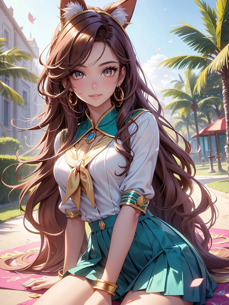 (best quality,4k,8k,highres,masterpiece:1.2),ultra-detailed,(realistic,photorealistic,photo-realistic:1.37),acrylic painting,beautiful Brazilian model in a uniform outfit red and gold with downy hair,beautiful Brazilian model with extremely colorful brown hair and detailed facial features,beautiful Brazilian model standing in a beautiful garden surrounded by a starry sky,brown hair,beautiful Brazilian model wearing a vibrant teal and gold uniform outfit,beautiful Brazilian model with intricate accessories,cat ears, ,beautiful Brazilian model with long flowing twintails,beautiful Brazilian model with bright brown eyes and rosy lips,beautiful Brazilian model with a joyful expression,beautiful Brazilian model in a dynamic pose with cherry blossoms falling around her,beautiful Brazilian model surrounded by colorful flowers and erflies,beautiful Brazilian model's school uniform outfit adorned with cute bows and lace details red and gold,beautiful Brazilian model with an enchanting smile,beautiful Brazilian model with soft, pastel-colored shading,beautiful Brazilian model with a magical glow illuminating her,beautiful Brazilian model in a picturesque setting with a winding path leading to a magnificent castle,beautiful Brazilian model with a fairytale-like background,beautiful Brazilian model with a soft, dreamy atmosphere,beautiful Brazilian model with a subtle bokeh effect,beautiful Brazilian model standing under a sunny sky,beautiful Brazilian model with a warm, golden sunset in the background,beautiful Brazilian model surrounded by twin stars and colorful nebulae,creating an ethereal and captivating artistic masterpiece, sitting down, facing camera, uniform outfit sailor scout