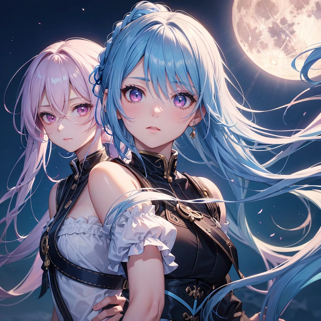 Sky blue hair, (Braided Ponytail), Pink eyes,Fair skin ,(whole body),(One Girl),Tsukimi,Dumpling,(beautiful, Full moon shining in the night sky),(masterpiece, Highest quality, Very detailed, Best Shadow), (Detailed Background), (Beautifully detailed face), High Contrast, (Best lighting, Very delicate and beautiful), ((Cinematic Light)), colorful, Hyper Detail,8k, Dramatic Light, Intricate details,