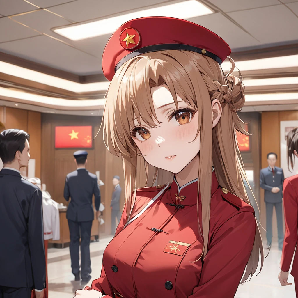 ((Highest quality)), ((masterpiece)), (detailed), （Perfect Face）、The woman is Chinese Yuuki Asuna, a Chinese woman with light brown, semi-long hair.、The woman is a cabin attendant for an airline directly operated by the Chinese Communist Party and is wearing a red uniform and hat.、For the sake of China, their hairstyles, clothes, and everything they wear are all Chinese Communist Party items, and their thoughts are also Chinese, becoming great Chinese in body and mind.