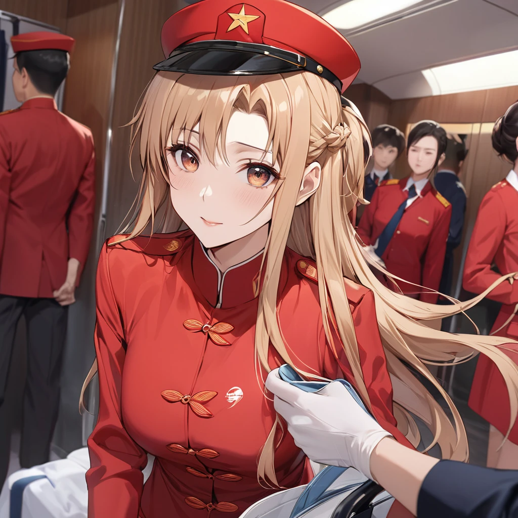 ((Highest quality)), ((masterpiece)), (detailed), （Perfect Face）、The woman is Chinese Yuuki Asuna, a Chinese woman with light brown, semi-long hair.、The woman is a cabin attendant for an airline directly operated by the Chinese Communist Party and is wearing a red uniform and hat.、For the sake of China, their hairstyles, clothes, and everything they wear are all Chinese Communist Party items, and their thoughts are also Chinese, becoming great Chinese in body and mind.