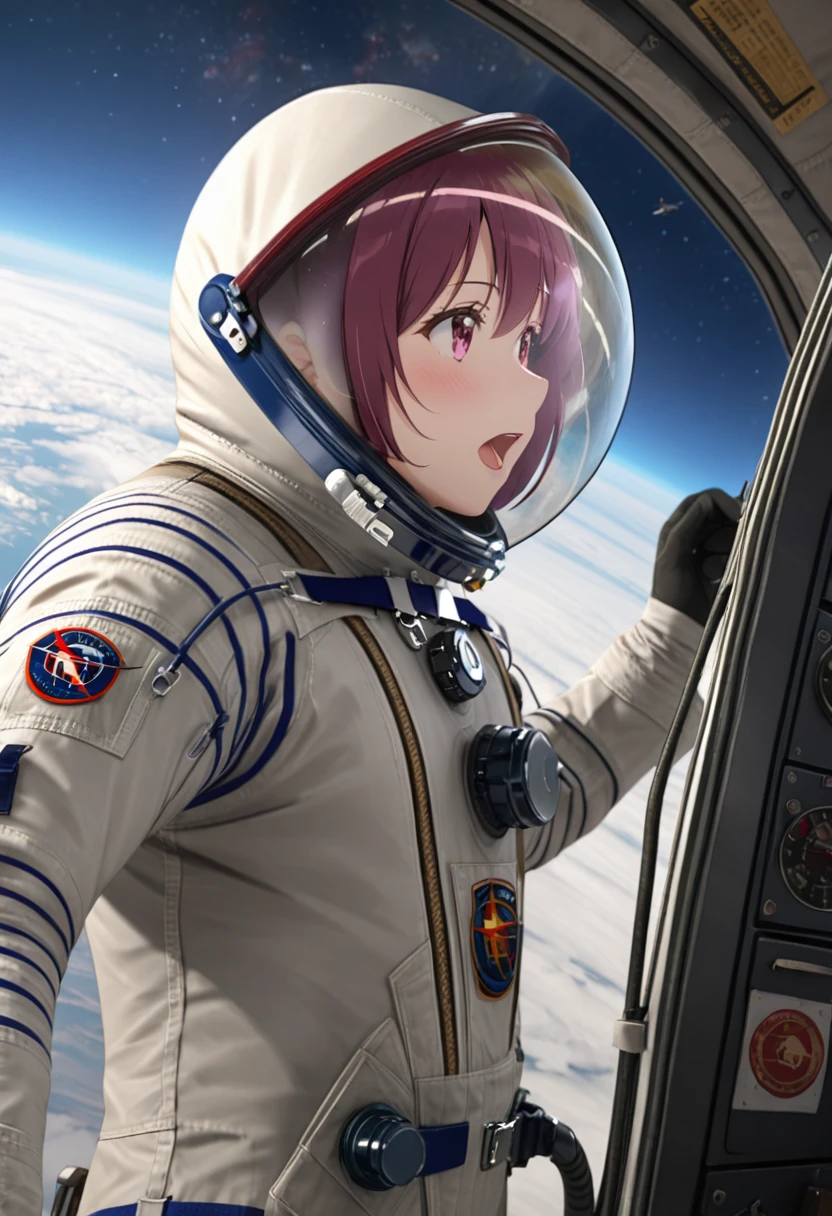 ((Female pilot in the cockpit of a reconnaissance plane), (airplane cockpit), (in flight), (10000 feet altitude)、(sky view):1.7),, short hair, street, emo, BLACK hair, white eyes, eyeliner, apocalypse, girl, nside the (cockpit:1.9) of a (futuristic spaceship:1.6), , blush,sitting on a chair, covered navel, space helmet, space helm, plug suit , space helmet, eva helm, space suit, short hair, spacesuit, astronaut
from side, bodysuit, latex,mouth open, amazed, eyes shining