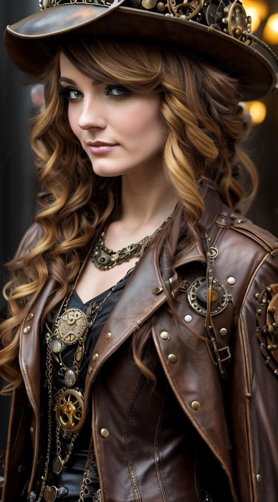 a close up of a woman wearing a steam - punk hat and a leather jacket, steampunk fantasy style, digital steampunk art, steampunk beautiful anime woman, a steampunk beautiful goddess, steampunk girl, steampunk fantasy, steampunk concept art, steampunk digital art, steampunk art, golden steampunk, wearing steampunk attire, sci-fi steampunk, magic and steam - punk inspired, high quality steampunk art