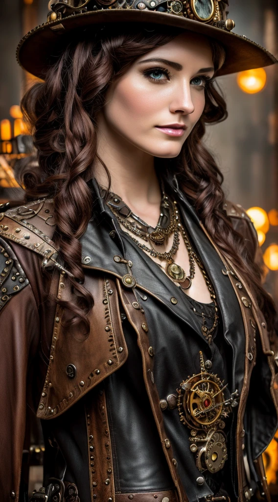 a close up of a woman wearing a steam - punk hat and a leather jacket, steampunk fantasy style, digital steampunk art, steampunk beautiful anime woman, a steampunk beautiful goddess, steampunk girl, steampunk fantasy, steampunk concept art, steampunk digital art, steampunk art, golden steampunk, wearing steampunk attire, sci-fi steampunk, magic and steam - punk inspired, high quality steampunk art