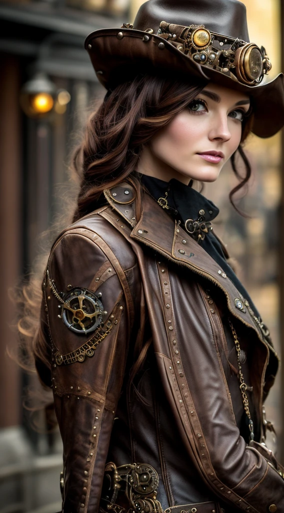 a close up of a woman wearing a steam - punk hat and a leather jacket, steampunk fantasy style, digital steampunk art, steampunk beautiful anime woman, a steampunk beautiful goddess, steampunk girl, steampunk fantasy, steampunk concept art, steampunk digital art, steampunk art, golden steampunk, wearing steampunk attire, sci-fi steampunk, magic and steam - punk inspired, high quality steampunk art