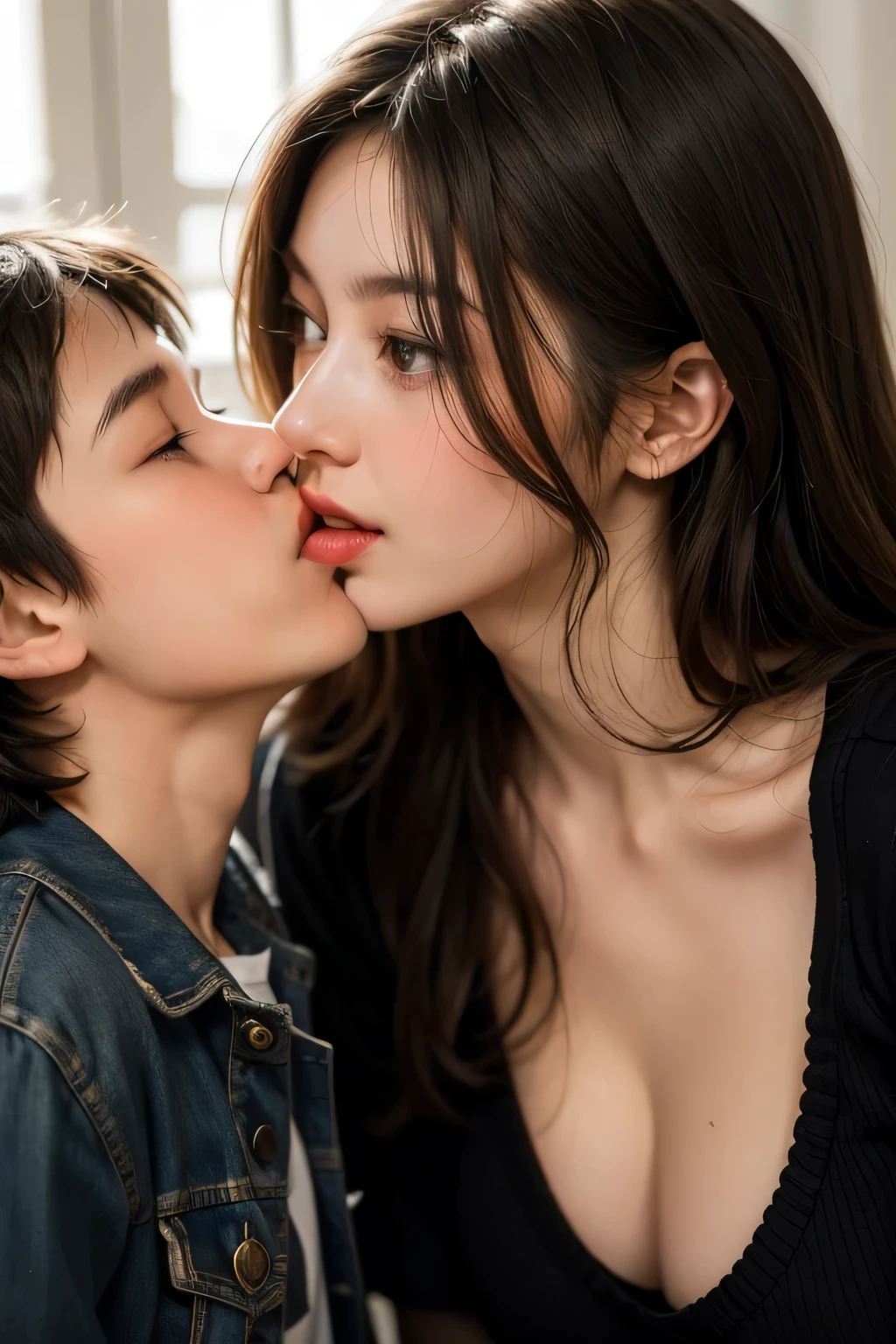 Sexy woman being kissed on the neck by a young boy
