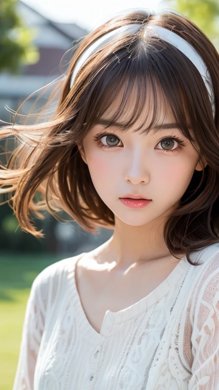 One Girl,(1人のとてもcute女の子:1.3),masterpiece,Highest quality,High resolution,beautiful girl,(21 years old:1.3),cute,Big eyes,(Detailed pupil:1.2),(The face is facing straight ahead:1.3),Body facing forward,Beautiful Nose,Fuller lips,Brown Hair,Medium Hair,Fine eyelashes,Thin eyebrows,Definition of very fine particles,(Symmetrical eyes:1.3),(Face close-up,Face Focus:1.0),White camisole,Student Style,Portraiture,Show Viewer,Cinema Lighting,High resolution,Very detailed、Headband、Open your mouth a little、Selfie、Put your hand on your chin、blush,Embarrassed