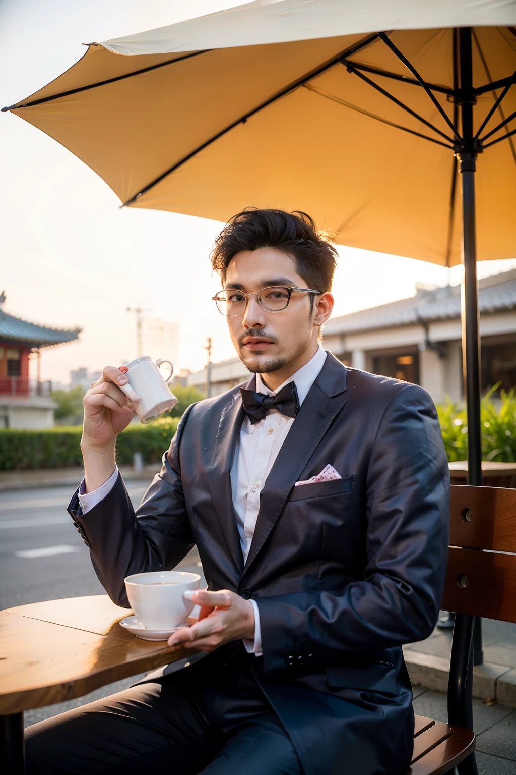one example　
Man with glasses　oriental　Set　Beardless Purple Suit　　
comics　wide awake　
Before Beijing,Sunset,Holding a colorful mug,Sitting at a cafe with parasol on the street, Also in the background
