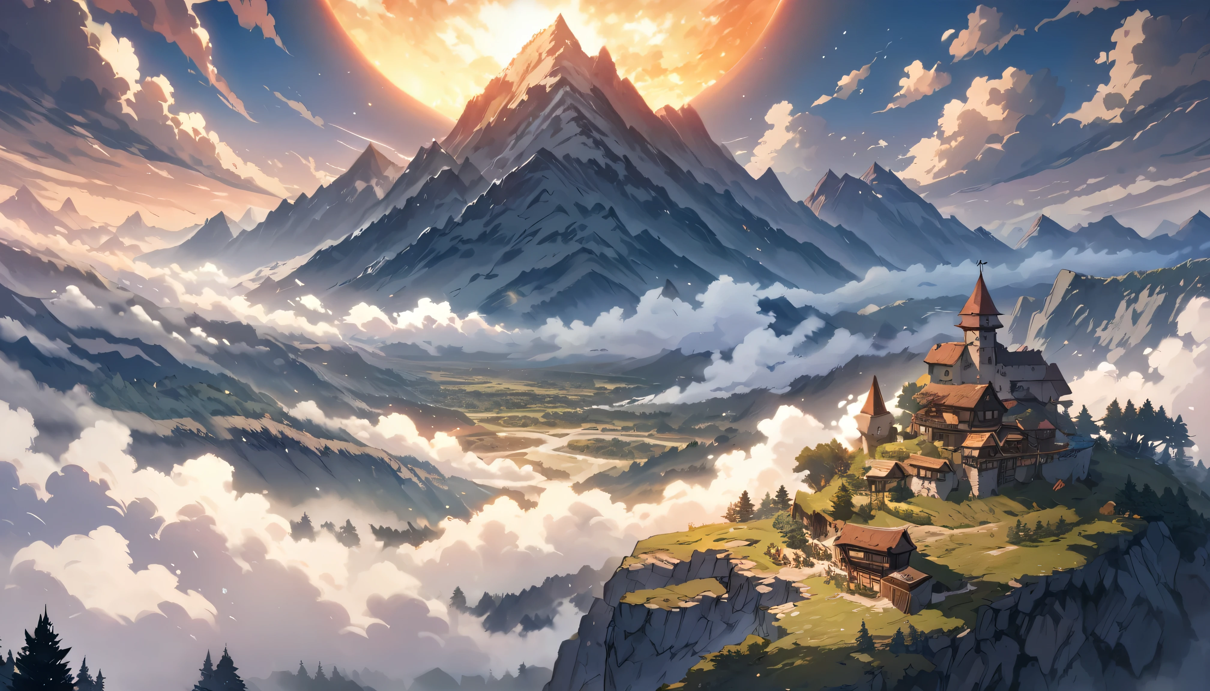 Ghibli, Nausicaa, (anime, fantasy, medieval village), (best quality, highres, HDR:1.2), vibrant colors, detailed landscape, intricate, a man standing on a mountain top with a dimmed sun in the sky, terragen, epic scenery, zenithal view, hazy sun and mystical, skyrim setting, solitude seen in the distance, epic wide sky and horzon, dramatic scenery, misty mountains, mountainscape, volumetric clouds and fog