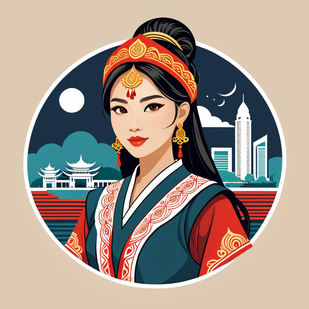female warmage in singapore folk outfit ,vector graphics, strong contours, logo design