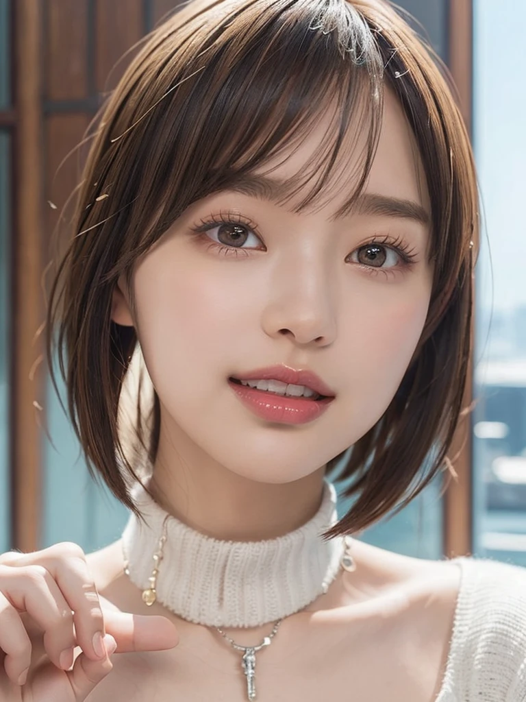Low angle、Shooting from below、White knitted tops、White sweater、Exposed shoulders、Wear jeans pants、wrap a knitted scarf around your neck、I can see her cleavage、Nipples、Morning in the city、Morning Glow、Ink、Tattoo、Full nudity、Pink short hair、Full nudity(8k, Highest quality, masterpiece:1.2), (Realistic, Photorealistic:1.37)、cute、solo、(Laughter:1.15)、(Mouth closed)、Small breasts、(short hair:1.2)、Masseter muscle area、Pink short bob、Realistic rabbit ears、ピンクのRealistic rabbit ears、頭から突き出たRealistic rabbit ears、Pink Hair、Beautiful girl in her 20s、Enchanting atmosphere、Beautifully shaped hands、K-Pop、Pink bunny ears、One Girl、solo、masterpiece、Highest quality、Realistic、Hyper Detail、Absurd、ピンクのshort hair、Slender beauty、Dynamic Lighting、High resolution、Sharp focus、Depth of written boundary、(Thick tight:1.0)、Slender :1.2,((Short Bob Hair))、((K-Pop:1.3)),Highly detailed face and skin texture、((attractive)),Anatomically correct number of fingers,Correct Anatomy