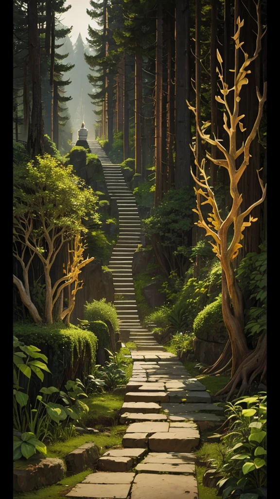 Visual metaphors such as a path with obstacles (for Buddha’s journey to enlightenment) versus a treacherous path or dark forest (representing moral challenges).