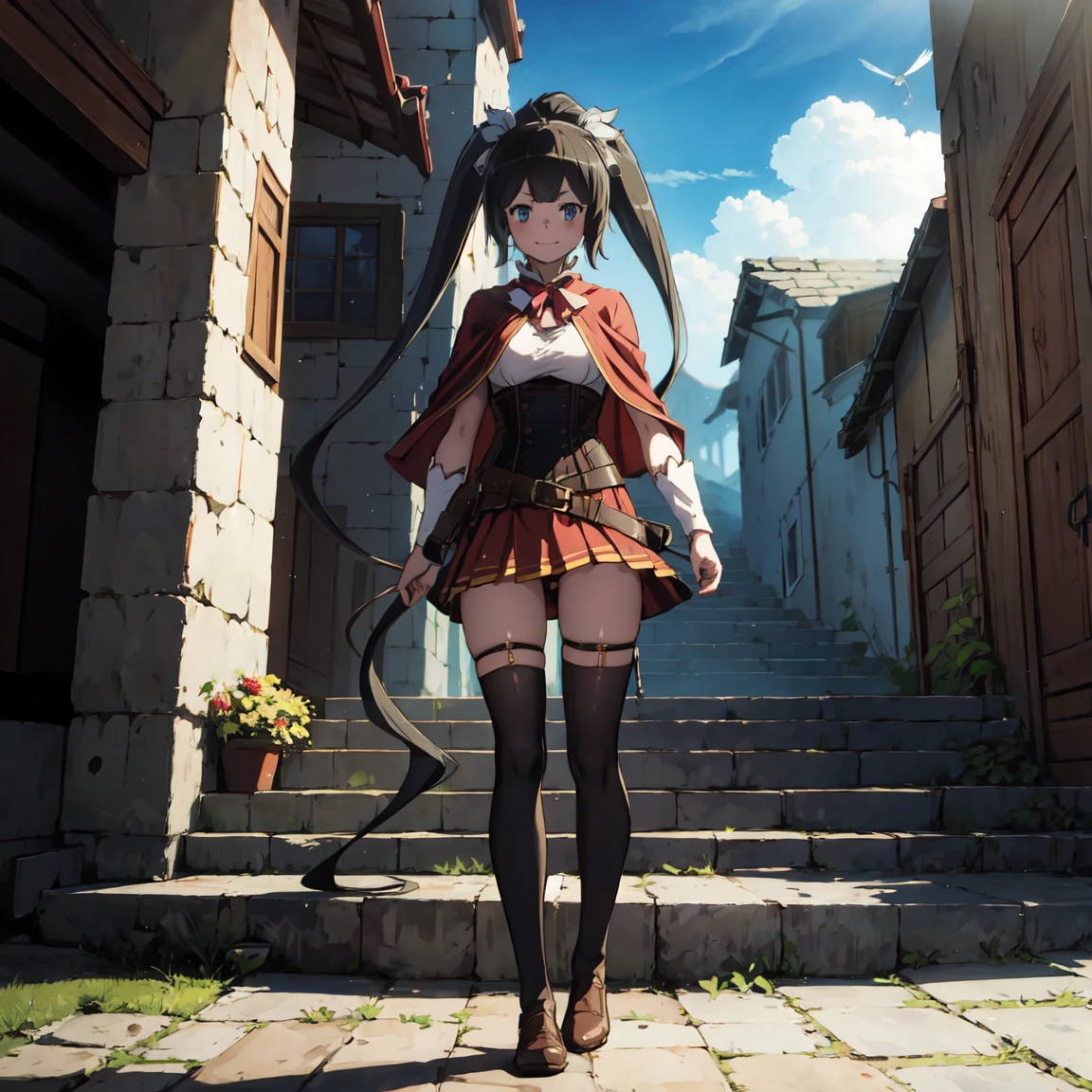 highly detailed, full body, ((1girl)), solo, smile, blush, outdoors, day, simple background, blue sky, sky, temple, looking at viewer, stairs, mountain, moody lighting, facing viewer, full body view, aamumei, (((very long hair, ponytail))), ahoge, multicolored hair, ((feather hair ornament)), hairclip, white shirt, brown corset, dagger, belt, red skirt, thigh strap, single kneehigh, single thighhighs, brown cloak, cape, capelet, brown bow,
