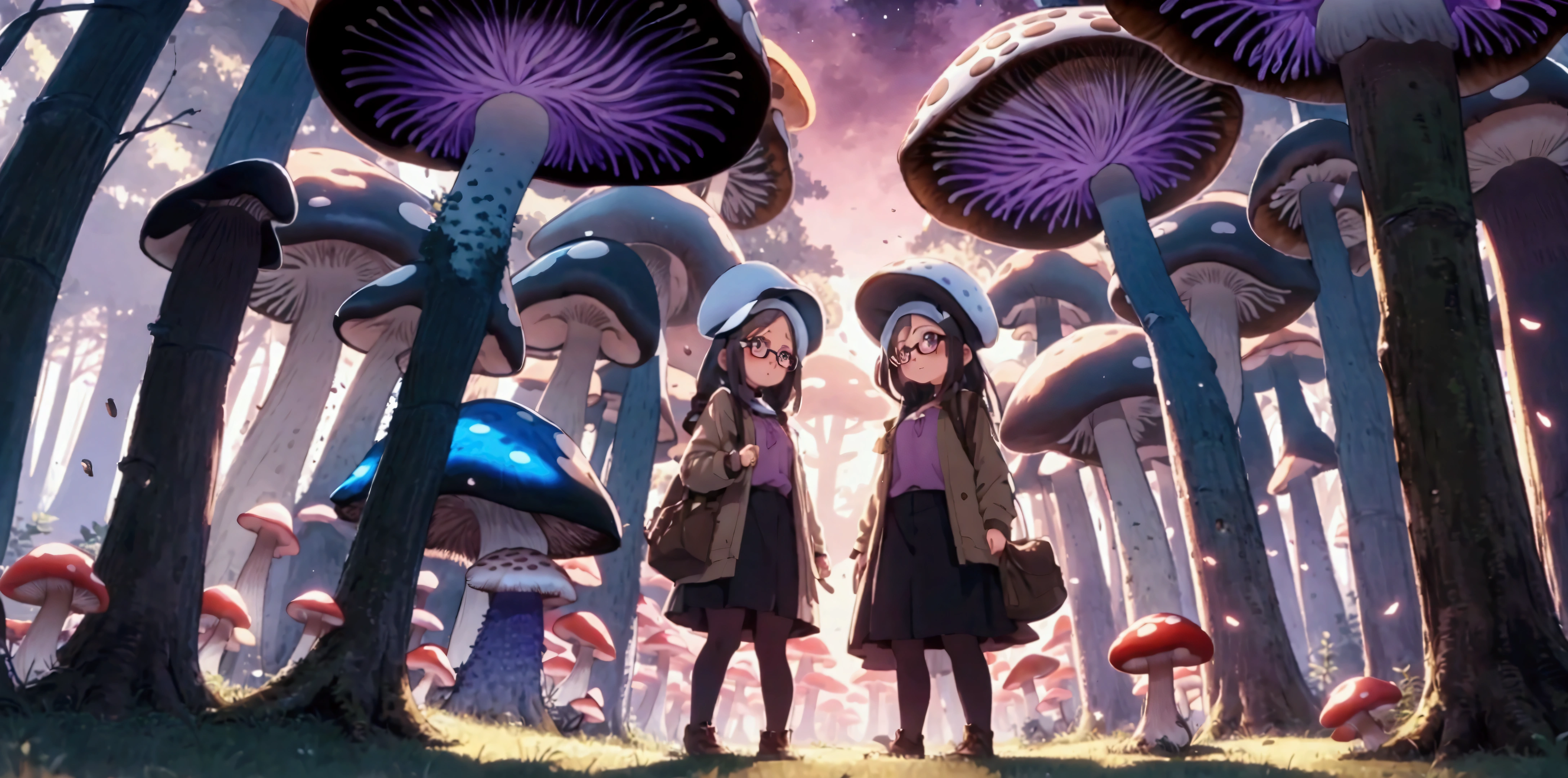 girl in the center, girl with glasses, mushroom forest, forest made out of mushroom, thick mushrooms, there are mushrooms around, tall mushrooms, Purple sky, blue fireflies, anime, 8k