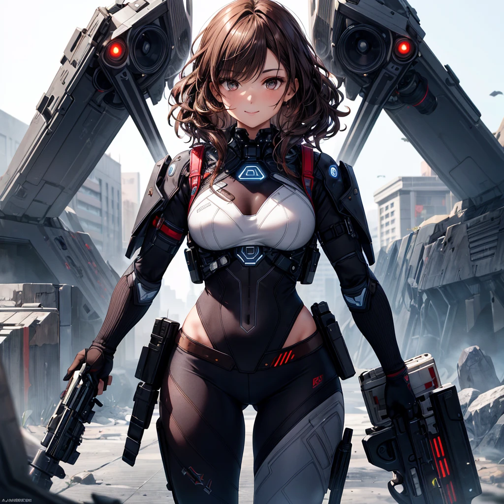 High quality, ultra-realistic images of women.  The woman is of mixed Native American and Jewish descent..  Powerful Features, Fair skin.  Dark brown curly hair, Dark Eyes.  The woman is wearing a semi-futuristic combat suit..  She has a gun and a knife strapped to her body..  Beautiful woman smiling.  Her eyes shine with hatred.