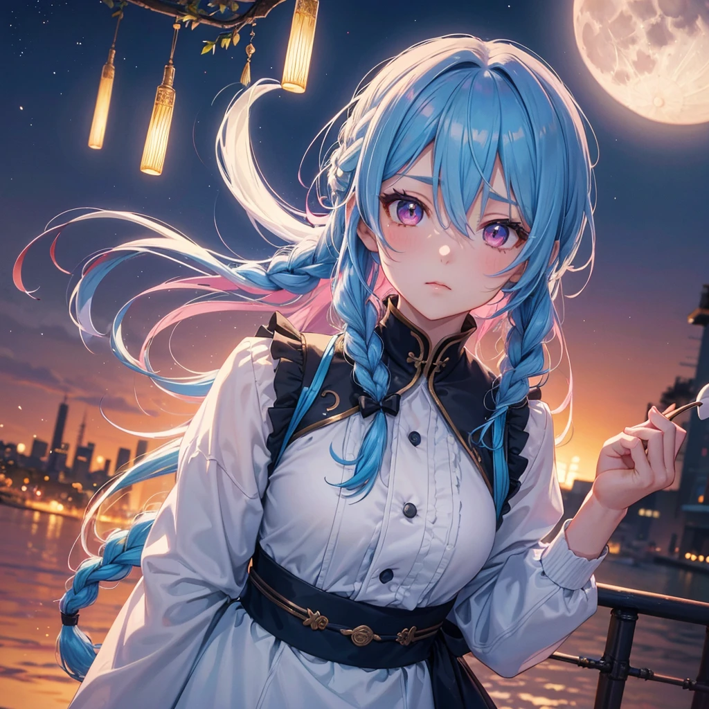 Sky blue hair, (Braided Ponytail), Pink eyes,Fair skin ,(whole body),(One Girl),Tsukimi,Dumpling,(beautiful, Full moon shining in the night sky),(masterpiece, Highest quality, Very detailed, Best Shadow), (Detailed Background), (Beautifully detailed face), High Contrast, (Best lighting, Very delicate and beautiful), ((Cinematic Light)), colorful, Hyper Detail,8k, Dramatic Light, Intricate details,Eating dumplings while watching the moon
