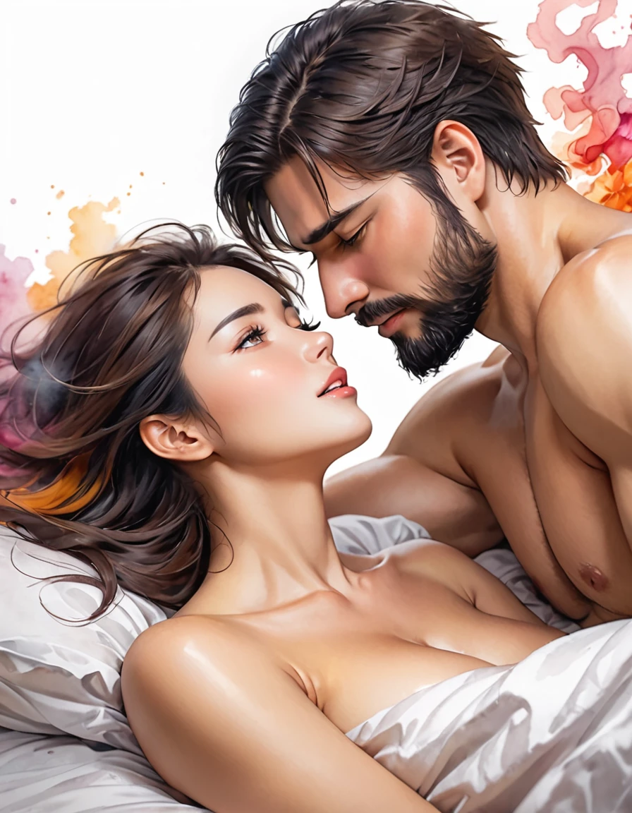 Create a realistic watercolor-style illustration that captures an intimate and passionate moment between a couple in bed. The man, shirtless, with black hair, a muscular body and a beard, should be displaying an expression of deep and connection. The woman, with brown hair, is in a suggestive position above him, with an attitude of surrender and ecstasscene should be surrounded by a mess of wrinkled and fallen sheets, reflecting the intensity of the encounter. The background should be dark to focus attention on the couple, but with a play of vibrant colors and ethereal smoke that merge and disperse, creating an atmosphere charged with emotion and sensuality. Be sure to capture the energy and passion of the moment through details in the interaction oies and expressions.