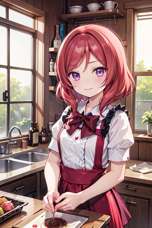 (Highest quality、masterpiece)、One girl、alone、anime、cute、Nishikino Maki、kitchen、smile、looking at the camera、ultra hi resolution picture、apron