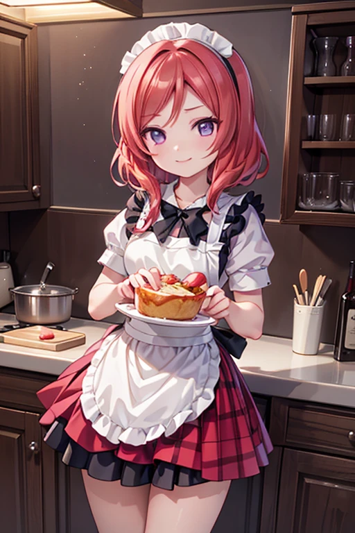 (Highest quality、masterpiece)、One girl、alone、anime、cute、Nishikino Maki、kitchen、smile、looking at the camera、ultra hi resolution picture、apron