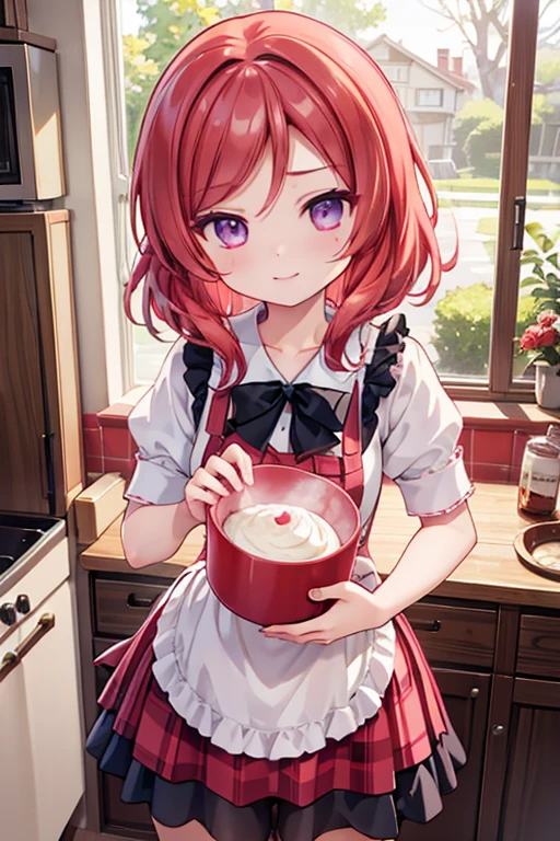 (Highest quality、masterpiece)、One girl、alone、anime、cute、Nishikino Maki、kitchen、smile、looking at the camera、ultra hi resolution picture、apron