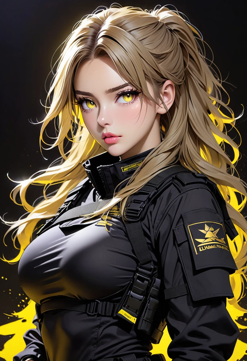 Age: 24
Outfit: Black tactical uniform, black gloves, combat boots
Hair: Dark blonde, long, disheveled
Eyes: Light purple and yellow, luminescent
Features: Female, greek features, busty, , toned, full lips
Heightt: 5' 3", 160 cm; Background: Dark room