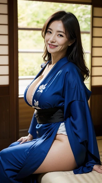 Mature attractive sexy woman,50 years old, ((kimono)),((ultramarine))、(((kimono))),Shut,((Big Breasts:1.2)),(Facial wrinkles:1.3),light makeup,Light brown hair,Long Hair,(Full body photo:0.85),(Emphasize big buttocks),8k, RAW Photos, Highest quality, Laughter,masterpiece,Highest quality、A kind smile、A captivating gaze、Random Hairstyles、Japanese-style room、Shoji Screen、lanthanum、