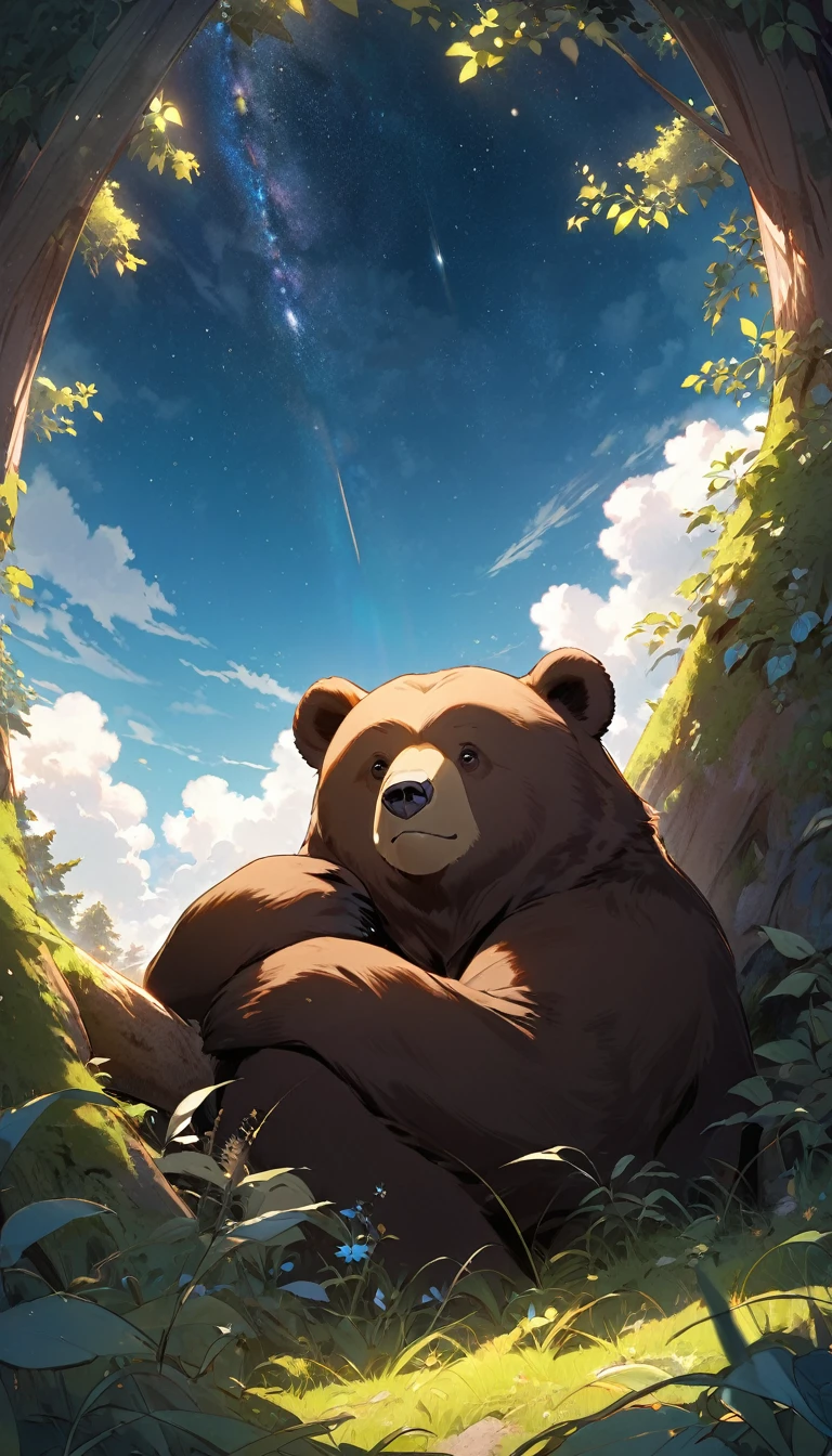 "MADU, l'ourson rêveur, admiring the sky from its den", "Portrait d'un ours brun, alone in a clearing, with a thoughtful look."