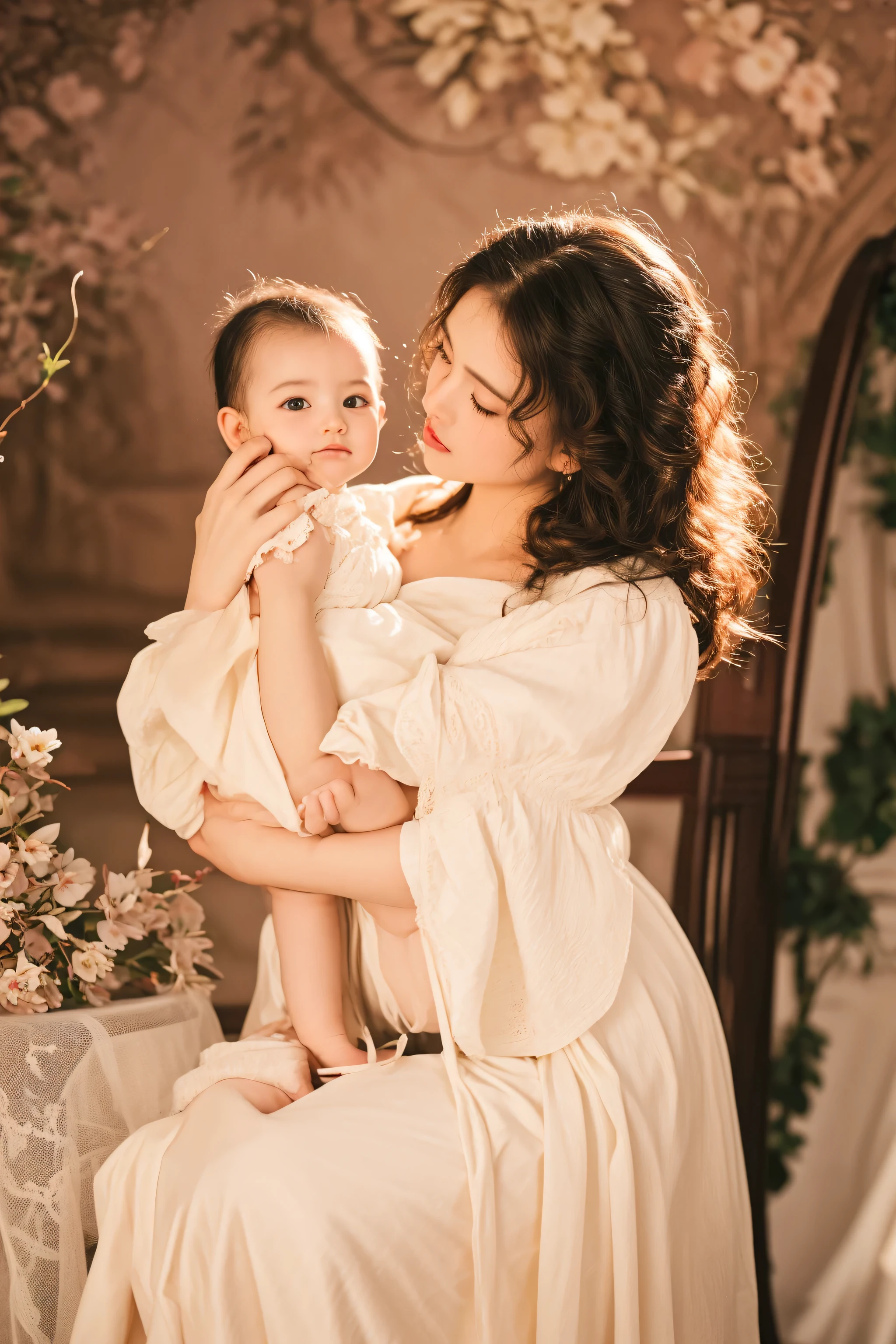 there is a woman holding a baby in her arms, maternal photography 4 k, inspired by Pierre Auguste Cot, inspired by Thomas Stothard, classic portrait, inspired by William-Adolphe Bouguereau, portrait image, innocence, portrait shot, inspired by Thomas Lawrence, rococo style portrait, victorian clothing, motherly, ivory rococo, portrait soft light, joy