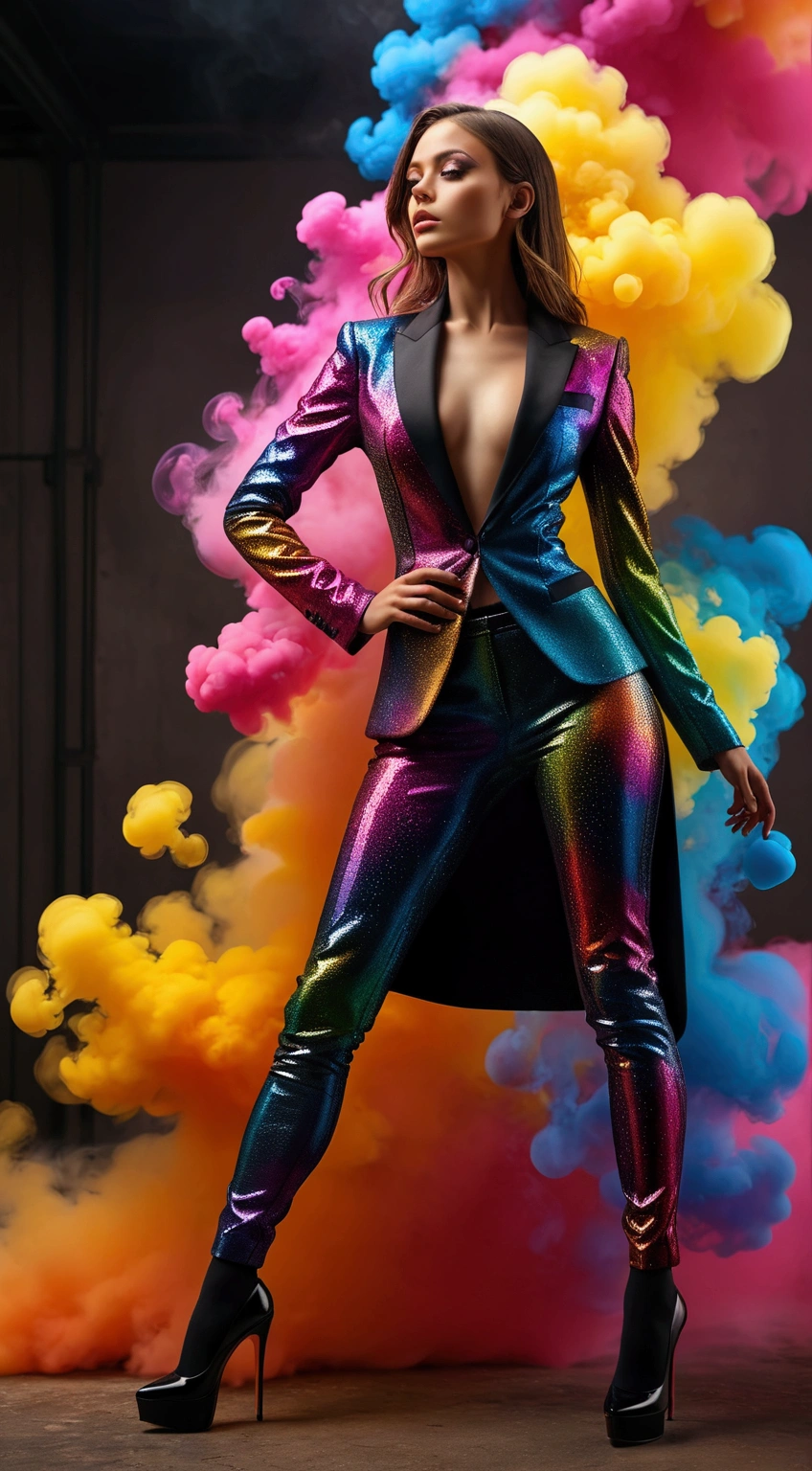 image of a {1girl stunning pose, photo_model pose, perfect proportional anatomy, girl with high heels, futuristic fashion suit, UHD, intricate detailed, 8k, best quality ever, masterpiece, super detailed, unleashed creativity, beyond imagination, dramatic light, gradient motion color background}, rough, massive multi color smoke and bubbles all over the background place, weathered and textured