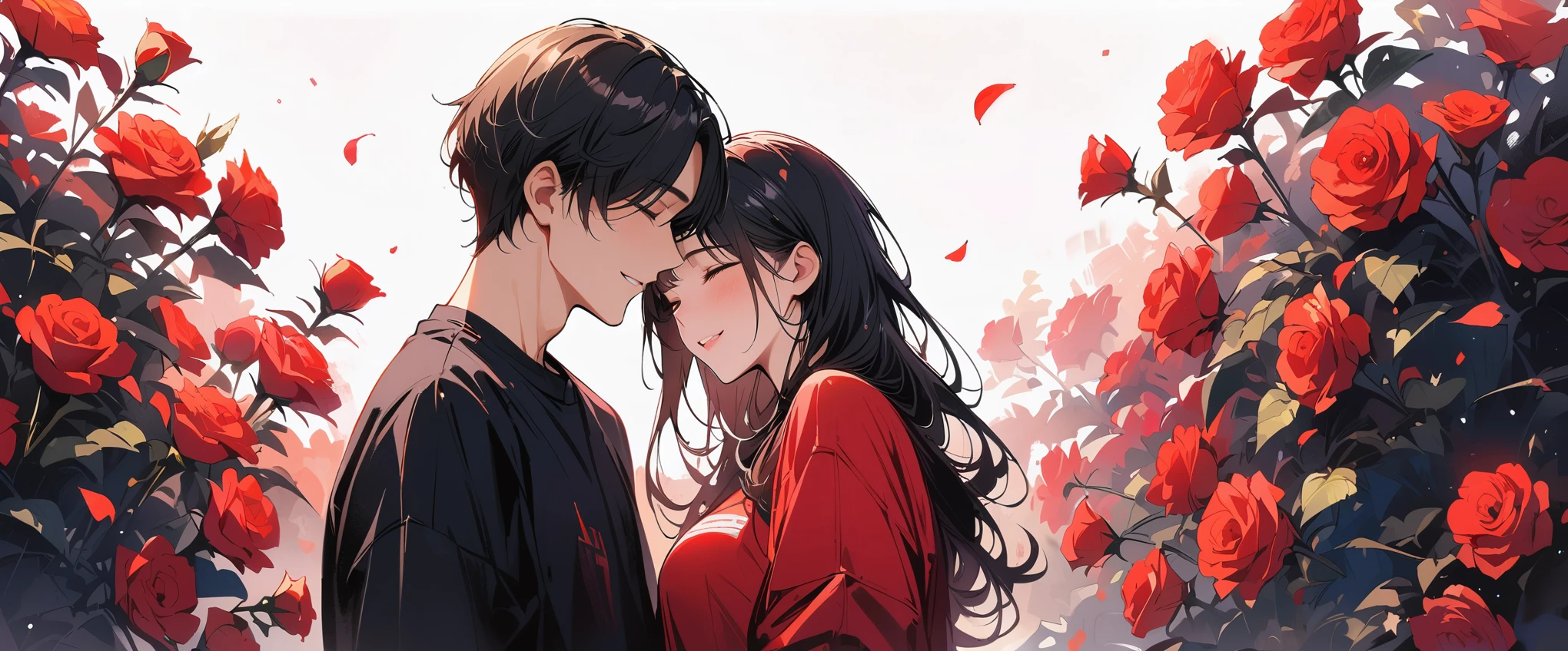 (masterpiece, best quality:1.2), 1 man 1 woman, Holding apples together，romantic petals，Under the apple tree，Ultra-high detail，Rose，In the flowers，Left blank space，Red hue，Smile，shy，