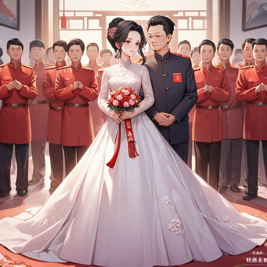 ((Highest quality)), ((masterpiece)), (detailed), (Perfect Face)、The woman is a Chinese woman named Kocho Shinobu, with black hair in a purple gradient bob with evening hair updos, and is wearing an engagement ring. She has become a member of the glorious Chinese Communist Party and has sworn absolute loyalty to it. She is a righteous Communist Party member of the ruling China and the wife of a great old Communist Party official.、The woman is wearing a gorgeous and gorgeous wedding dress made by a Chinese Communist Party member and is getting married to a dignified elderly Communist Party official.、For the sake of China, their hairstyles, clothes, and everything they wear are all Chinese Communist Party items, and their thoughts are also Chinese, becoming great Chinese in body and mind.、The woman became Shinobu Kocho, a Chinese woman who was proud of China, loved it and devoted herself to it.