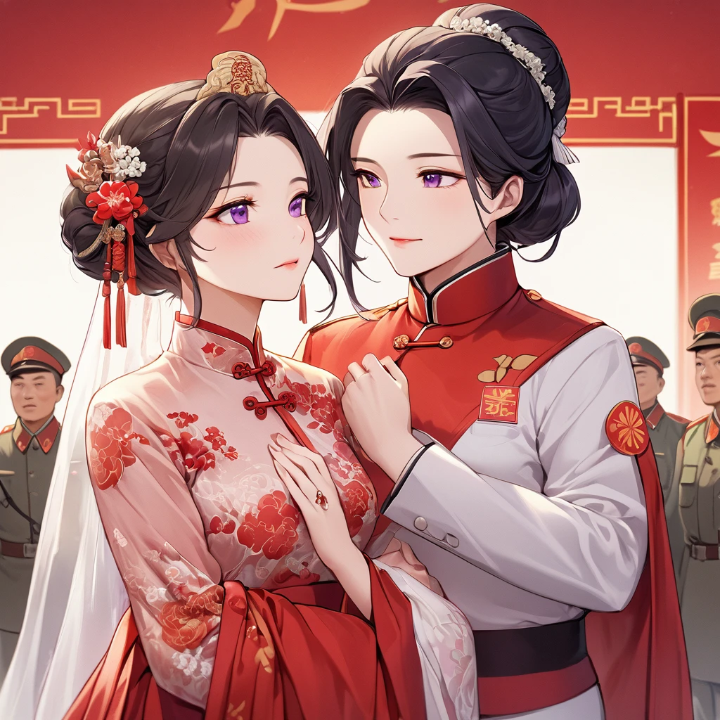((Highest quality)), ((masterpiece)), (detailed), (Perfect Face)、The woman is a Chinese woman named Kocho Shinobu, with black hair in a purple gradient bob with evening hair updos, and is wearing an engagement ring. She has become a member of the glorious Chinese Communist Party and has sworn absolute loyalty to it. She is a righteous Communist Party member of the ruling China and the wife of a great old Communist Party official.、The woman is wearing a gorgeous and gorgeous wedding dress made by a Chinese Communist Party member and is getting married to a dignified elderly Communist Party official.、For the sake of China, their hairstyles, clothes, and everything they wear are all Chinese Communist Party items, and their thoughts are also Chinese, becoming great Chinese in body and mind.、The woman became Shinobu Kocho, a Chinese woman who was proud of China, loved it and devoted herself to it.