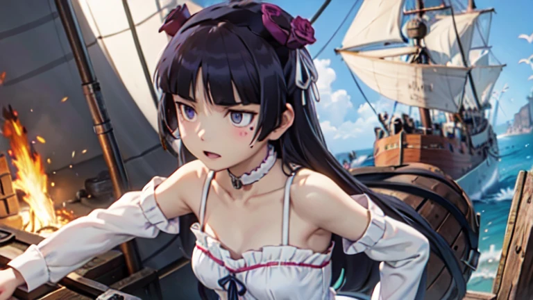 pirate戦争, Dramatic, Fierce naval battle, Brawl, pirateの旗, Artillery fire, Shattered Ship, Splash, (Eye patch), One Girl, Hime cut, (ruri gokou), pirate, pirate hat, deck, coat, Bare shoulders, 