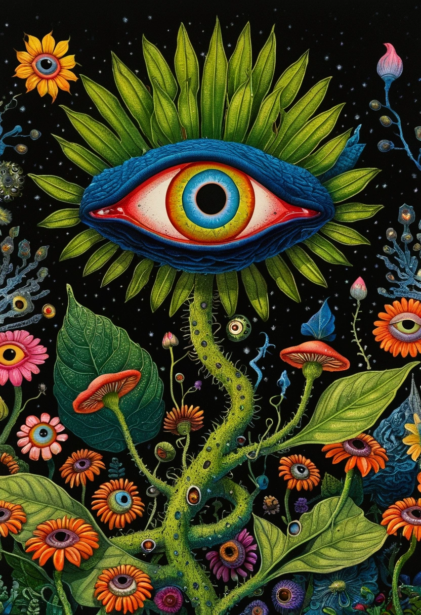 A painting，A flower with big eyes in the painting，Surrounded by plants, Psychedelic surrealist art, The Holy Grail of Brain Tree Eyes, Shaman horror LSD art, Psychedelic illustration, Pop Surrealism, Surreal psychedelic design, Exotic plants and fauna, Exotic plants, Psychedelic Art, Highly detailed surreal art, strange plants, hallucinatory art, DMT art, Psychedelic Artwork