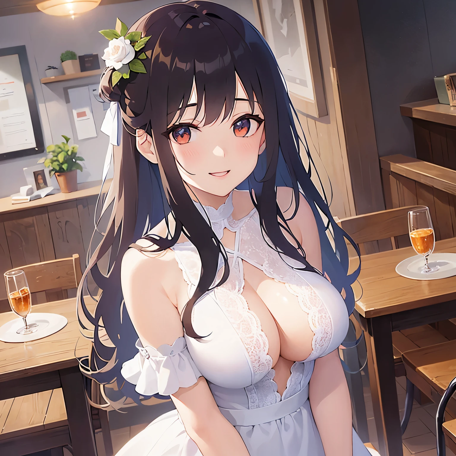 (looking at viewer:1.5),Upper Body,
Realistic, real person, (pale skin: 1.2), RAW photo, photorealistic, shiny skin, shiny hair、
(A 25-year-old woman with medium-length hair and bangs) and (wavy hair) and (brown hair) and (orange eyes) 、
(tearful:1.2),(smile:1.5)、open mouth,White Wedding Dress、The background is inside the restaurant