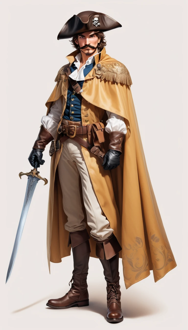 (best quality), ((masterpiece)), (highres), illustration, original, extremely detailed, 1boy, male focus, weapon, boots, solo, sword, hat, facial hair, mustache, full body, cape, gloves, brown hair, beard, sheath, white background, brown eyes, belt, standing, black footwear, pirate hat, simple background, white gloves